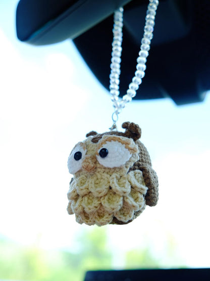 Crochet Owl Car Mirror Hanging Accessories, Night Owl Car Charm, Cute Car Interior Decor for Women Men Teens, Anime Car Accessories