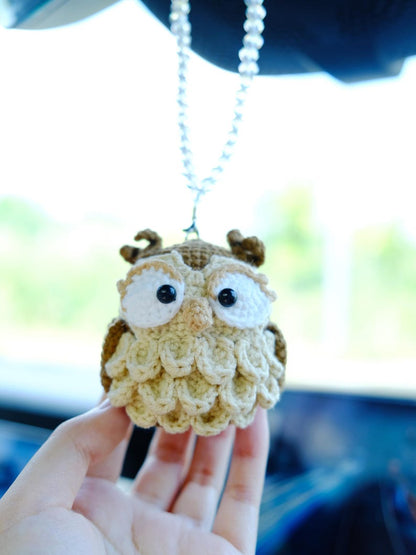 Crochet Owl Car Mirror Hanging Accessories, Night Owl Car Charm, Cute Car Interior Decor for Women Men Teens, Anime Car Accessories