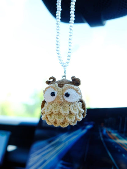 Crochet Owl Car Mirror Hanging Accessories, Night Owl Car Charm, Cute Car Interior Decor for Women Men Teens, Anime Car Accessories