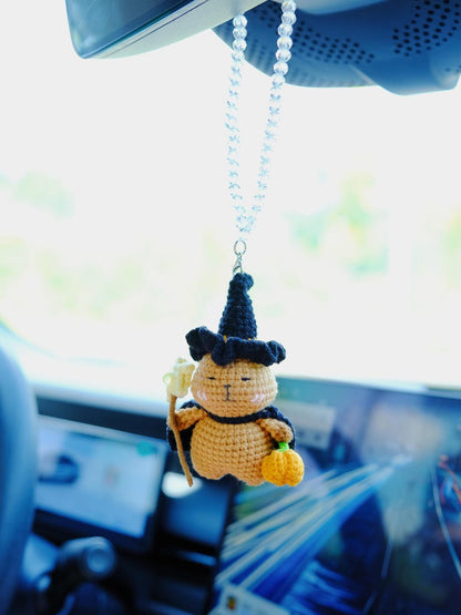 Crochet Capybara Car Mirror Hanging Accessory, Anime Magic Capybara Car Charm, Cute Halloween Car Interior Accessories for Women/Teens/Men