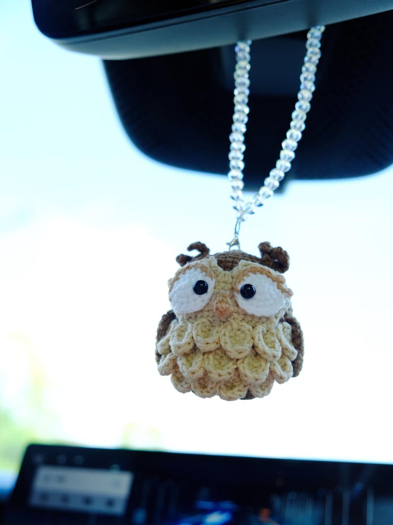 Crochet Owl Car Mirror Hanging Accessories, Night Owl Car Charm, Cute Car Interior Decor for Women Men Teens, Anime Car Accessories