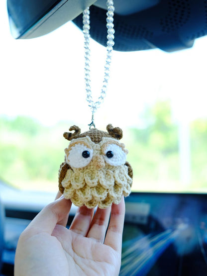 Crochet Owl Car Mirror Hanging Accessories, Night Owl Car Charm, Cute Car Interior Decor for Women Men Teens, Anime Car Accessories