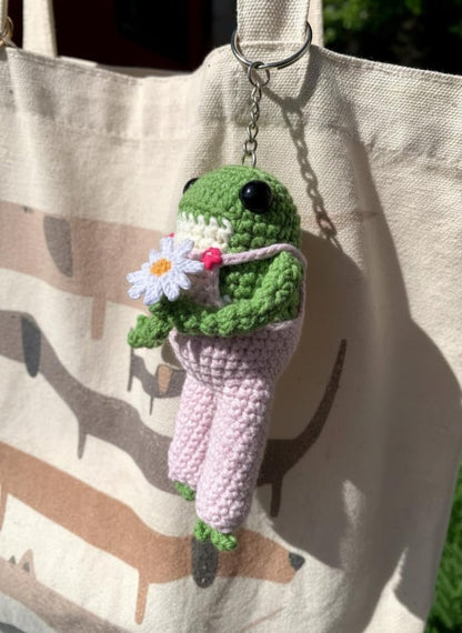 Cute Handmade Crochet Frog Plushie with Pink Overalls And Daisy, Amigurumi Frog, Adore Animal Toy, Frog Lovers, Froggy Crochet, Knitted Frog