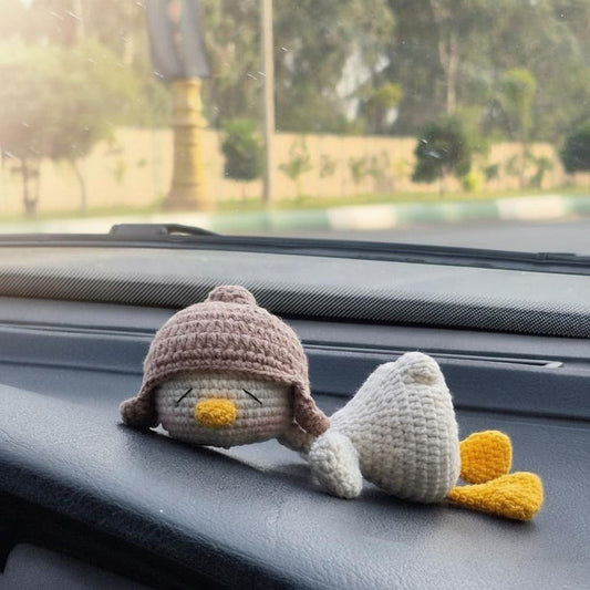 Sleeping Silly Goose Crochet Amigurumi - Handmade Car Dashboard Decor - Cute Duckling Plushie, Desk Goose,  Gift or Goose Lovers