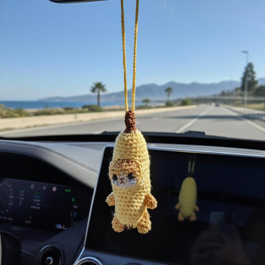 Banana Cat Car Hanging Crochet , Cute Sad Crying Cat Amigurumi Rearview Mirror Charm, Plush Dog Car  Gift for Him Her, Car Decor