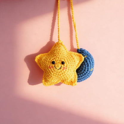 Star Moon Rear View Mirror Accessories, Crochet Car Mirror Charm, Car Mirror Hanging, Car Interior Accessories for Women/Teens/Men