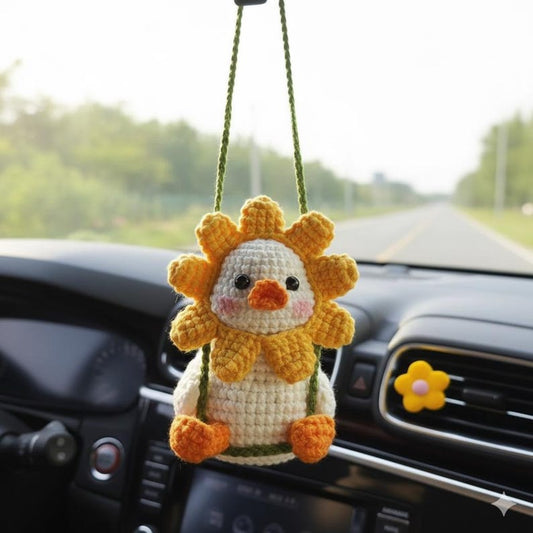 Crochet Flower Duck Car Hanging, Cute Duckling Amigurumi Mirror Charm, Plush Chick Car Accessory Gift for Him Her, Car Decor