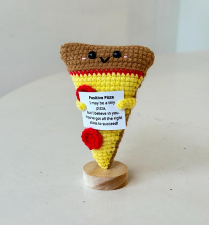 Funny Positive Pizza, Knitted Pizza Toy With Positive Card, Cute Wool Inspirational Pizza Crochet Food Doll Cheer Up Gifts