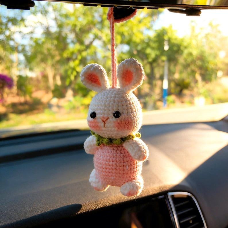 Strawberry Bunny Car Mirror Hanging Accessories, Crochet Bunny Car Charms Rear View Mirror, Cute Girly Car Accessories for Women