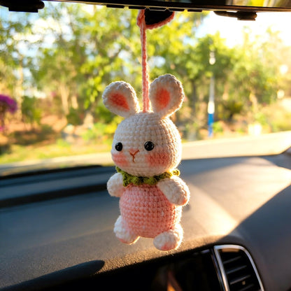 Strawberry Bunny Car Mirror Hanging Accessories, Crochet Bunny Car Charms Rear View Mirror, Cute Girly Car Accessories for Women