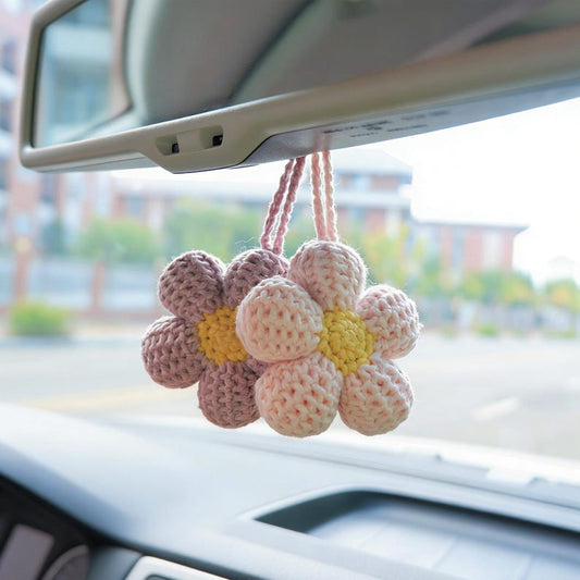2Pcs Crochet Waffle Flower Car Mirror Hanging Charms, Handmade Interior Car Accessories for Women/Teens