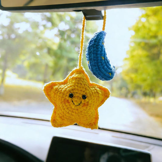Star Moon Rear View Mirror Accessories, Crochet Car Mirror Charm, Car Mirror Hanging, Car Interior Accessories for Women/Teens/Men