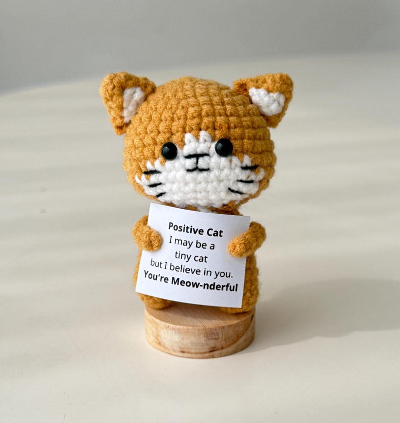 Handmade Cute Funny Crochet Cat, Inspirational Positive Animal, Cat Lover Gifts For Family Friend Coworker, Kitten Kitty Decor