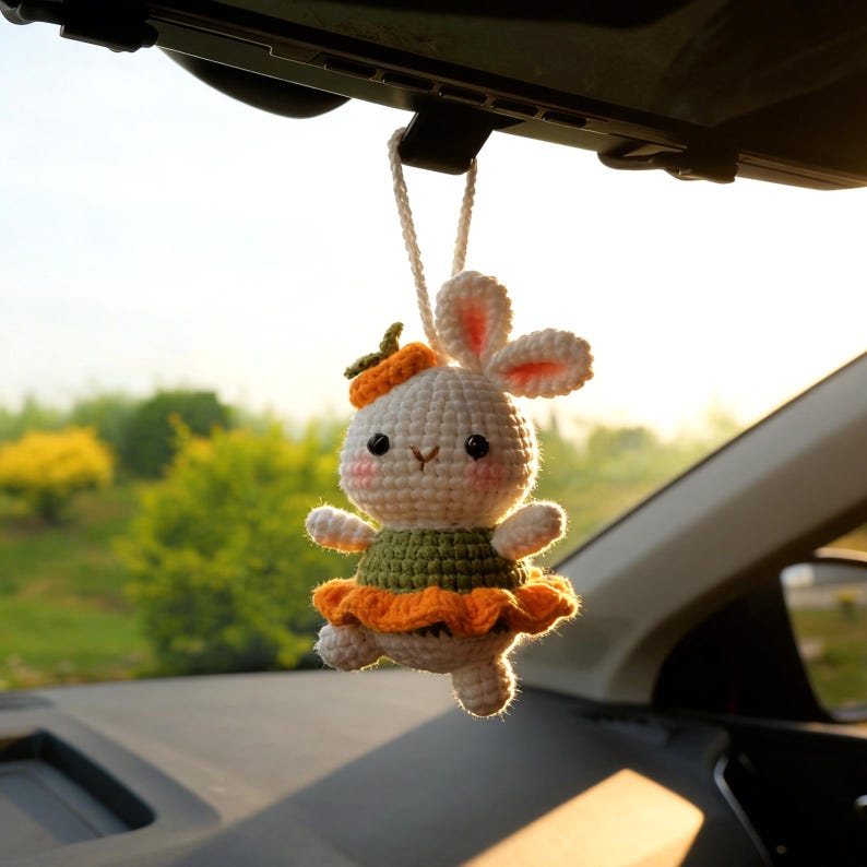 Crochet Bunny Car Hanging Accessories, Crochet Dancing Rabbit Car Interior Decor, Rear View Mirror Charm, Cute Car Accessories for Women
