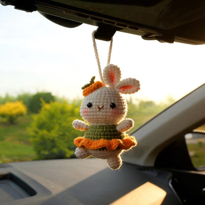 Crochet Bunny Car Hanging Accessories, Crochet Dancing Rabbit Car Interior Decor, Rear View Mirror Charm, Cute Car Accessories for Women