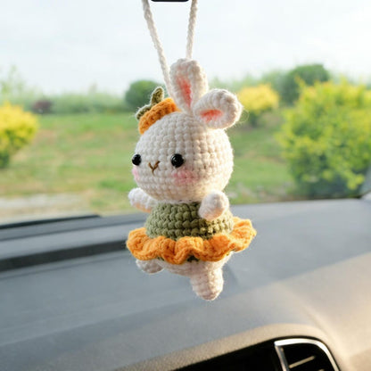 Crochet Bunny Car Hanging Accessories, Crochet Dancing Rabbit Car Interior Decor, Rear View Mirror Charm, Cute Car Accessories for Women