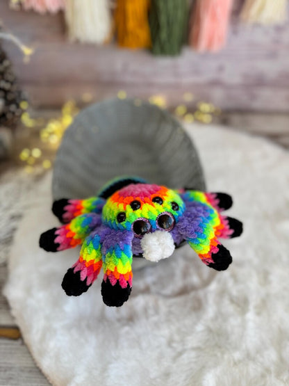 Rainbow Spider Decor, Handmade Crochet Spider Ornament, Halloween Decoration, Gothic Shelf Decor, Spider Lover Gift