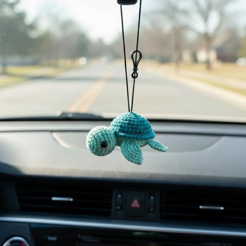 Crochet Turtle Car Hanging Accessory, Plush Sea Turtle Car Charm, Amigurumi Rear View Mirror Decor, Cute New Car Gift