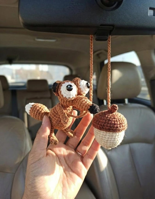 Crochet Scrat Squirrel Car Mirror Hanging, Ice Age Acorn Car Ornament, Amigurumi Animal Car Decor, Funny New Car Gift