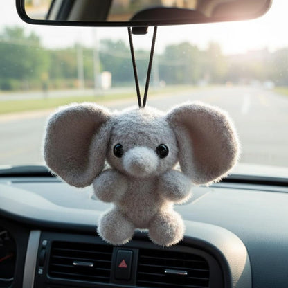 Handmade Crochet Elephant Car Accessory, Cute Fuzzy Plush Elephant Car Mirror Hanging, Needle Felted Animal Car Decor
