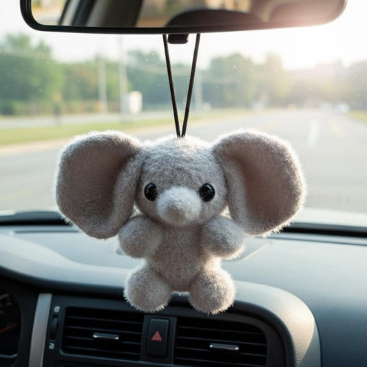 Handmade Crochet Elephant Car Accessory, Cute Fuzzy Plush Elephant Car Mirror Hanging, Needle Felted Animal Car Decor