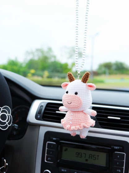 Crochet Cow Car Mirror Hanging Accessory, Cute Smiley Cow Car Rear View Mirror Accessory, Interior Car Accessory for Women/Teens/Couple