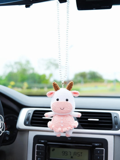 Crochet Cow Car Mirror Hanging Accessory, Cute Smiley Cow Car Rear View Mirror Accessory, Interior Car Accessory for Women/Teens/Couple