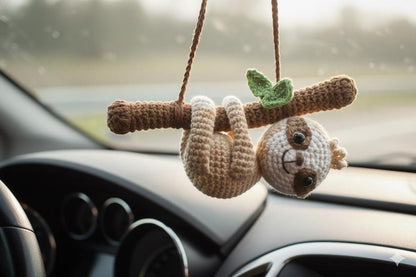 Crochet Sam the Swinging Sloth Car Hanging, Cute Baby Sloth Amigurumi Mirror Charm, Rear View Mirror Hanging Gift for Him Her, Car Decor