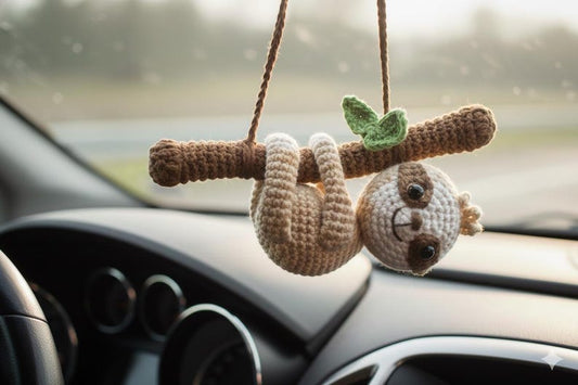 Crochet Sam the Swinging Sloth Car Hanging, Cute Baby Sloth Amigurumi Mirror Charm, Rear View Mirror Hanging Gift for Him Her, Car Decor