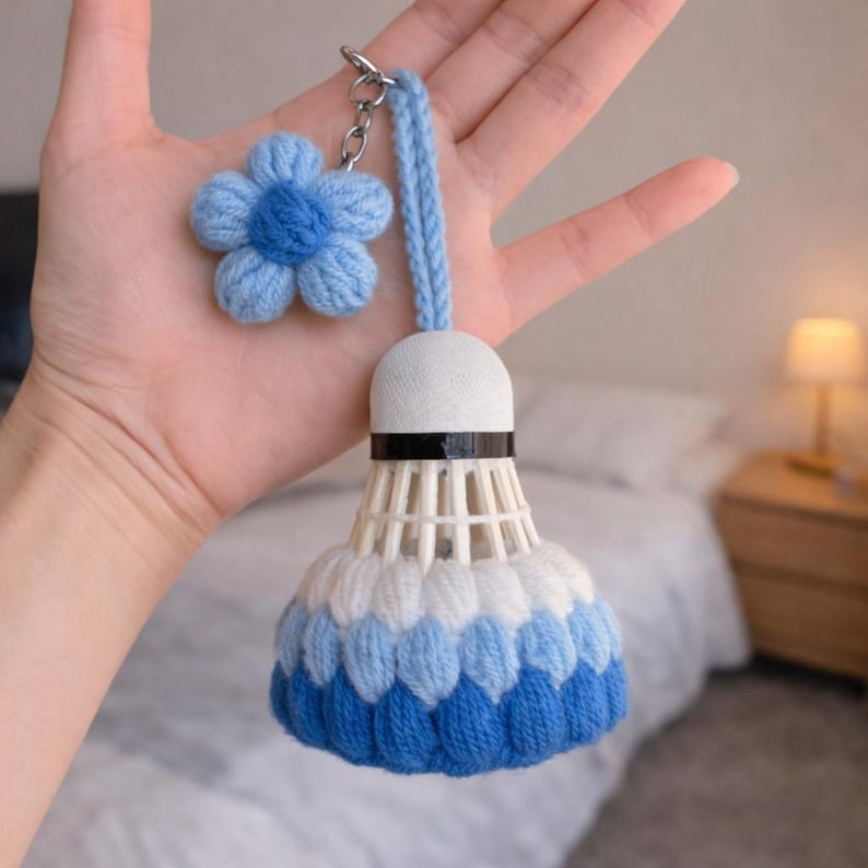 Crochet Shuttlecock Keychain, Handmade Badminton Bag Charm