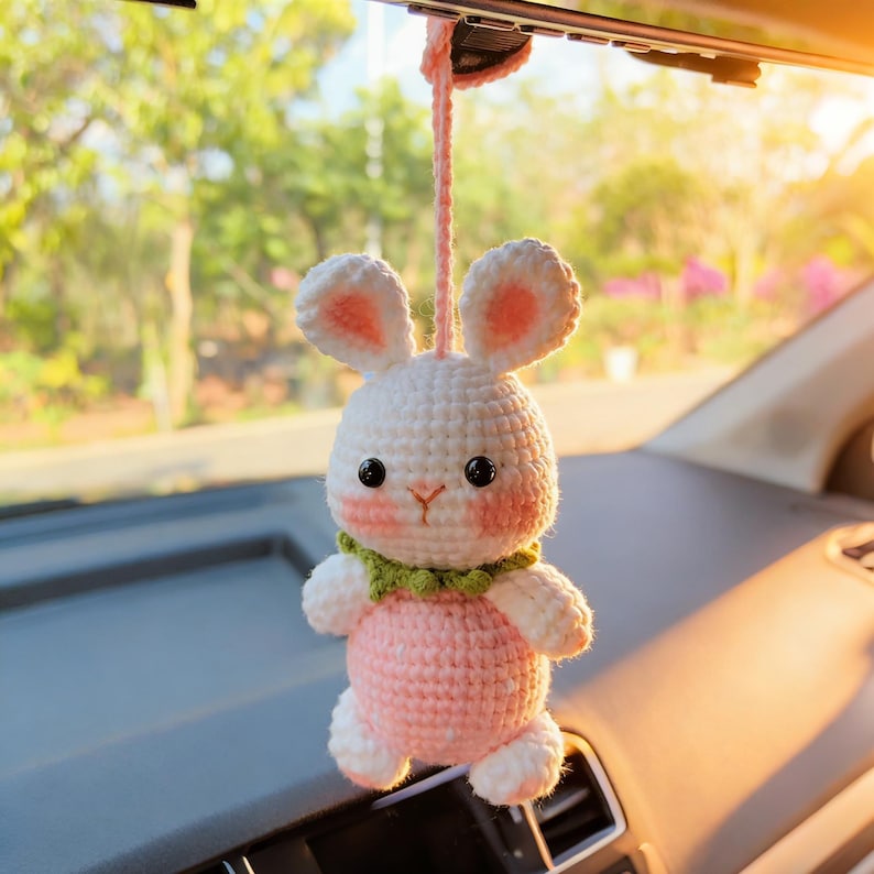 Strawberry Bunny Car Mirror Hanging Accessories, Crochet Bunny Car Charms Rear View Mirror, Cute Girly Car Accessories for Women