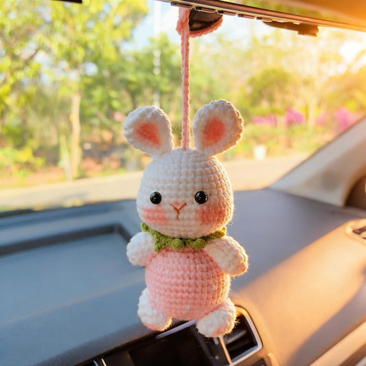 Strawberry Bunny Car Mirror Hanging Accessories, Crochet Bunny Car Charms Rear View Mirror, Cute Girly Car Accessories for Women