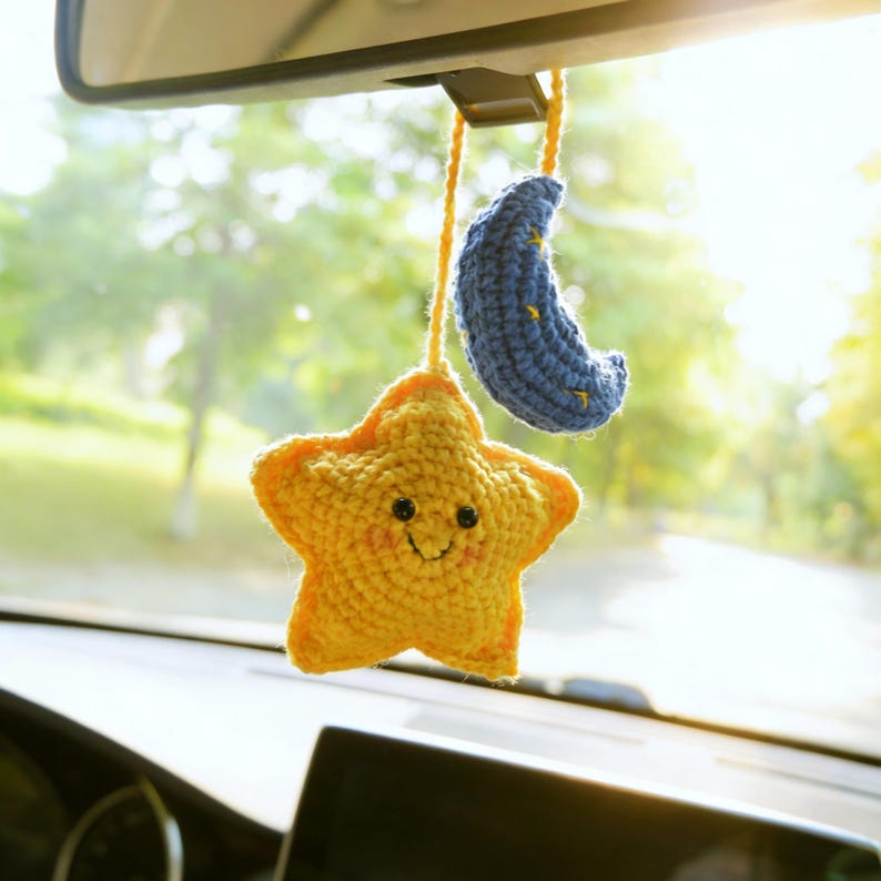 Star Moon Rear View Mirror Accessories, Crochet Car Mirror Charm, Car Mirror Hanging, Car Interior Accessories for Women/Teens/Men