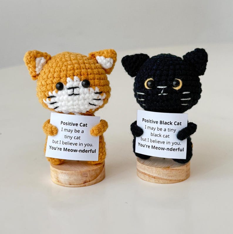 Handmade Cute Funny Crochet Cat, Inspirational Positive Animal, Cat Lover Gifts For Family Friend Coworker, Kitten Kitty Decor