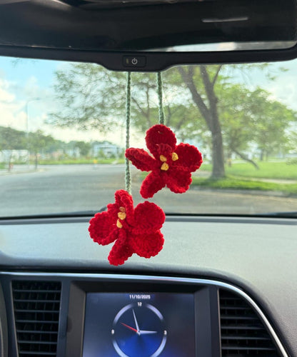 Crochet Hibiscus Flower Car Charm, Boho Car Rearview Mirror Hanging, Hanging Flower Ornament, Car Mirror Decoration, Gift For Her