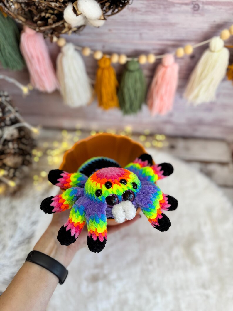 Rainbow Spider Decor, Handmade Crochet Spider Ornament, Halloween Decoration, Gothic Shelf Decor, Spider Lover Gift