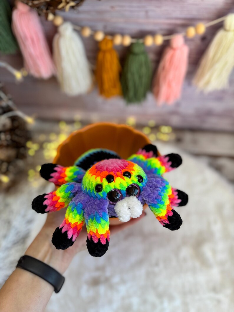 Rainbow Spider Decor, Handmade Crochet Spider Ornament, Halloween Decoration, Gothic Shelf Decor, Spider Lover Gift