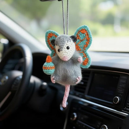 Handmade Crochet Butterfly Opossum Car Charm, Funny Rearview Mirror Hanger, Cute Weirdcore Decor, Possum Animal Gift