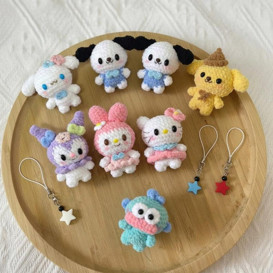 Cute Y2k Crochet Sanrio Keychains, Handmade Amigurumi Plush Bag Charms, Tiny Stuffed Animal Gifts, Friend Gift, Cat Crochet Keychain