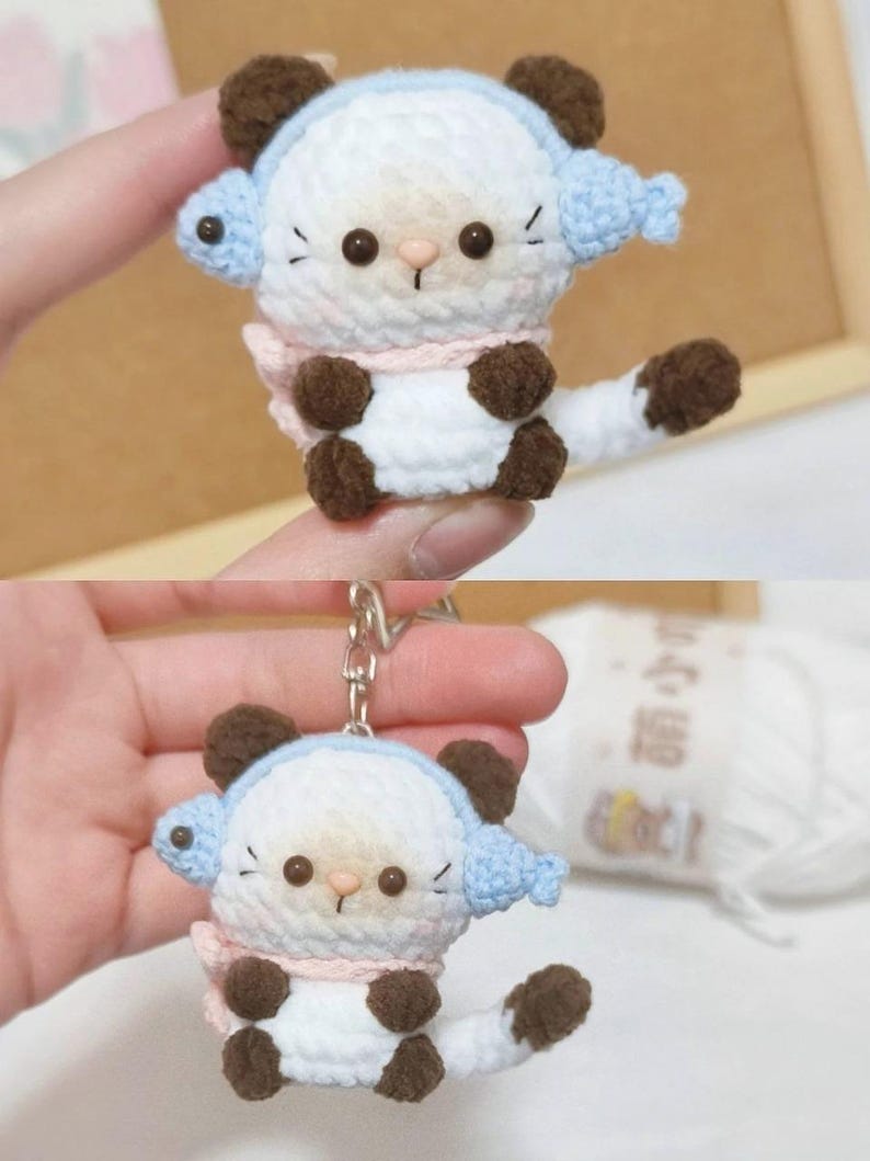 Cute Crochet Cat Wear Fish Hat Keychain, Handmade Amigurumi Cat Plush Keyring, Kawaii Crochet Cat, Mini Plush Bag Charm, Gift for Cat Lovers