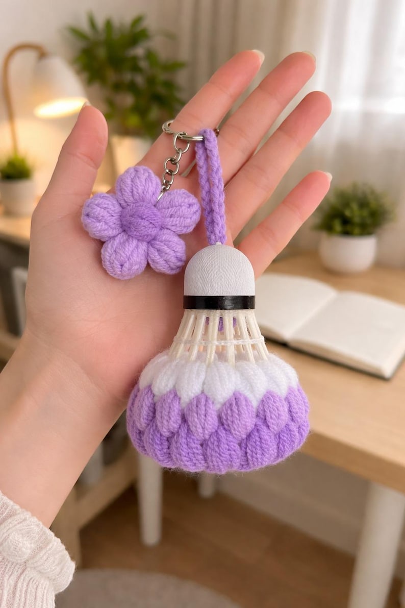 Crochet Shuttlecock Keychain, Handmade Badminton Bag Charm