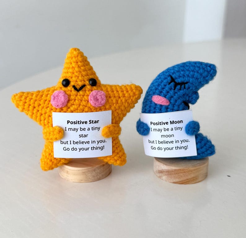 2PCS Crochet Supportive Star/Moon, Positive Star, Positive Moon, Cute Desk Accessory, Coworkers Gift, Cheer Up Gift, Birthday Gifts
