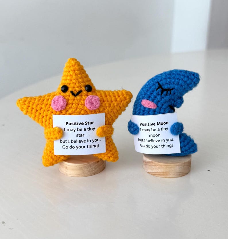 2PCS Crochet Supportive Star/Moon, Positive Star, Positive Moon, Cute Desk Accessory, Coworkers Gift, Cheer Up Gift, Birthday Gifts