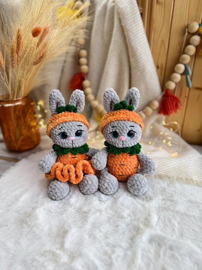 Crochet Bunny Decor in Carrot Outfit, Handmade Rabbit Ornament, Easter Bunny Decoration, Spring Shelf Decor, Bunny Lover Gift