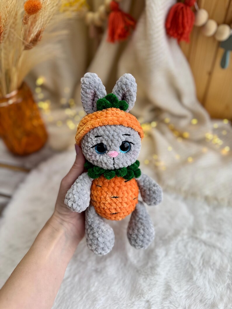 Crochet Bunny Decor in Carrot Outfit, Handmade Rabbit Ornament, Easter Bunny Decoration, Spring Shelf Decor, Bunny Lover Gift