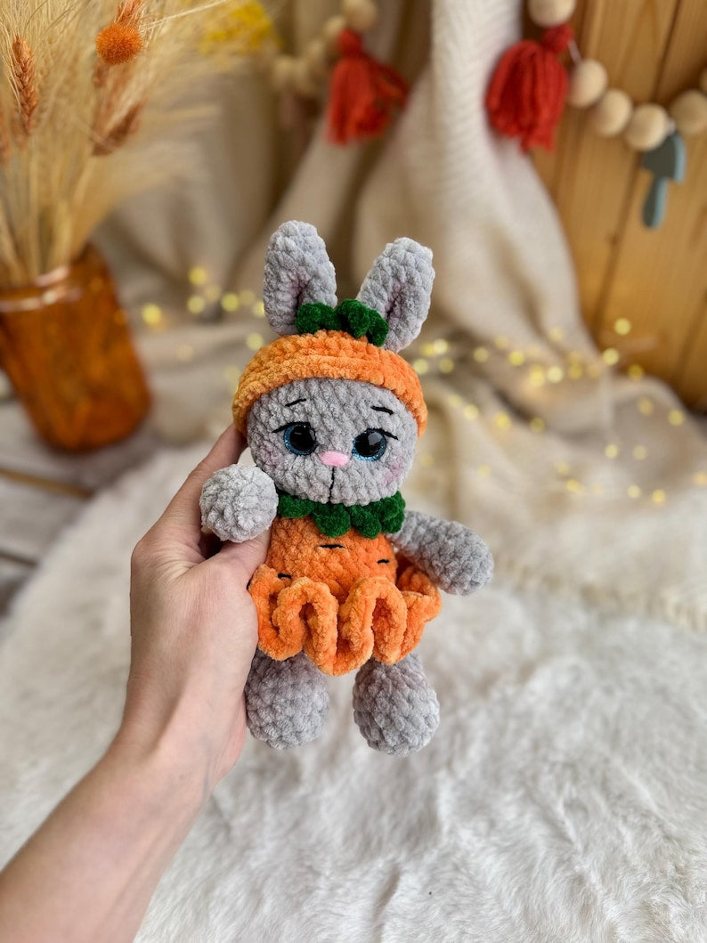 Crochet Bunny Decor in Carrot Outfit, Handmade Rabbit Ornament, Easter Bunny Decoration, Spring Shelf Decor, Bunny Lover Gift