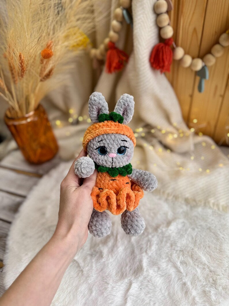 Crochet Bunny Decor in Carrot Outfit, Handmade Rabbit Ornament, Easter Bunny Decoration, Spring Shelf Decor, Bunny Lover Gift
