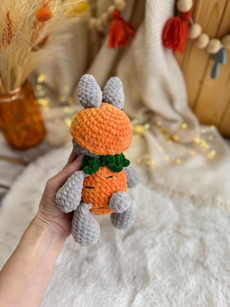 Crochet Bunny Decor in Carrot Outfit, Handmade Rabbit Ornament, Easter Bunny Decoration, Spring Shelf Decor, Bunny Lover Gift