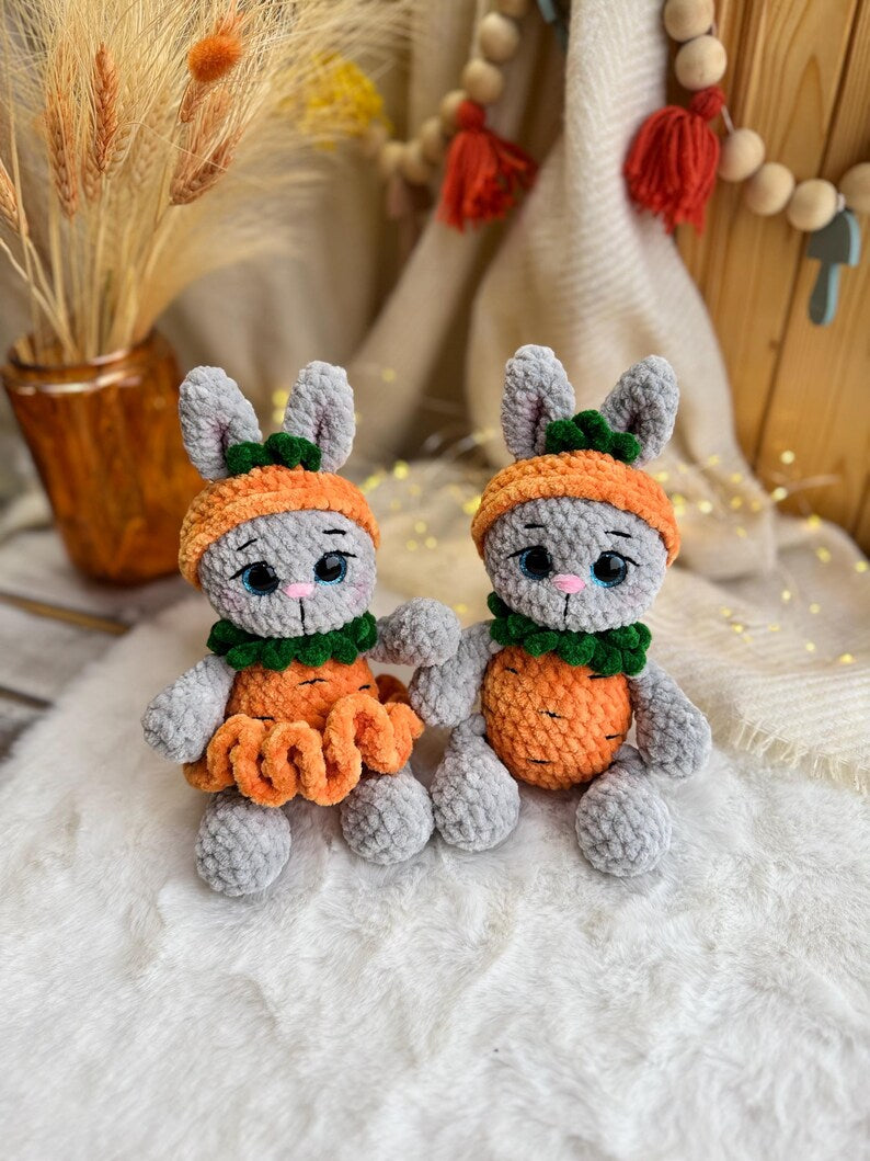 Crochet Bunny Decor in Carrot Outfit, Handmade Rabbit Ornament, Easter Bunny Decoration, Spring Shelf Decor, Bunny Lover Gift