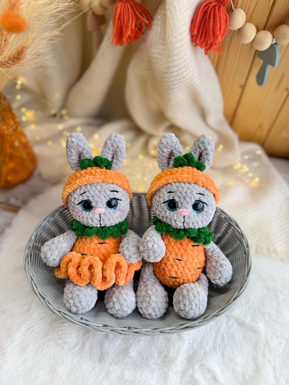 Crochet Bunny Decor in Carrot Outfit, Handmade Rabbit Ornament, Easter Bunny Decoration, Spring Shelf Decor, Bunny Lover Gift
